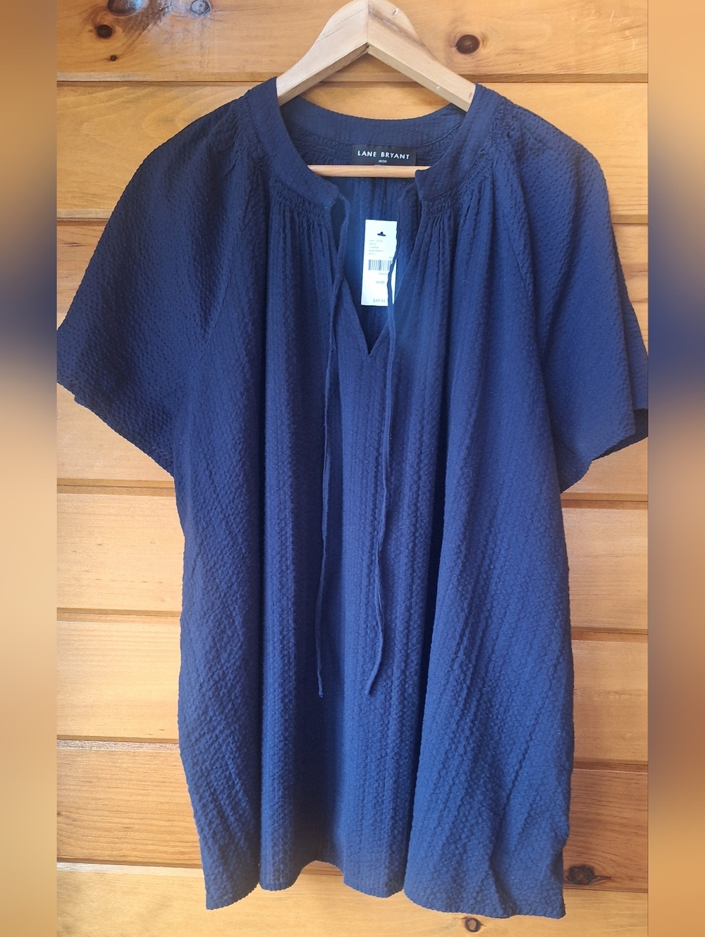 Lane Bryant Flutter-Sleeve Split-Neck Popover Top. Short Sleeve Tie-Neck, Navy